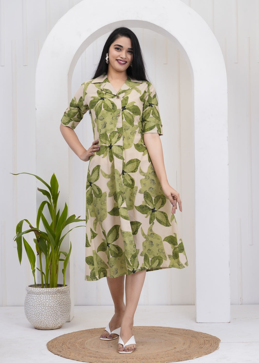 Leafy Green Printed A-Line Midi Dress