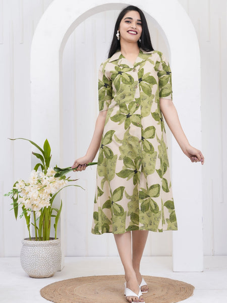 Leafy Green Printed A-Line Midi Dress