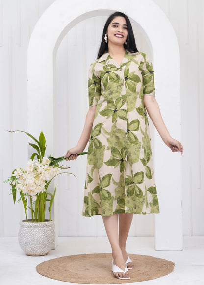 Leafy Green Printed A-Line Midi Dress