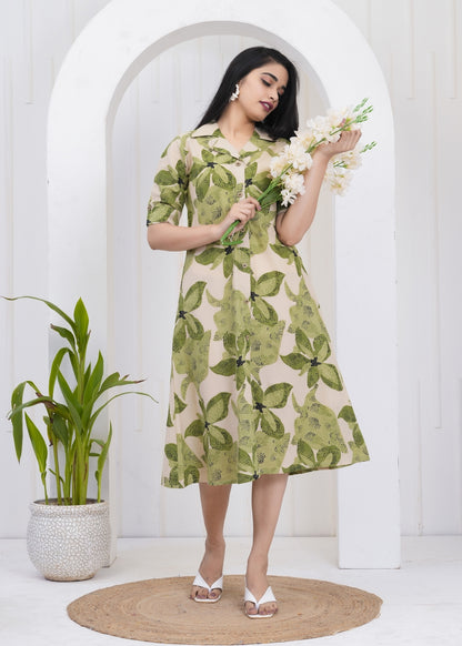 Leafy Green Printed A-Line Midi Dress