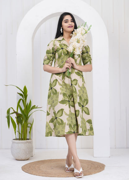 Leafy Green Printed A-Line Midi Dress