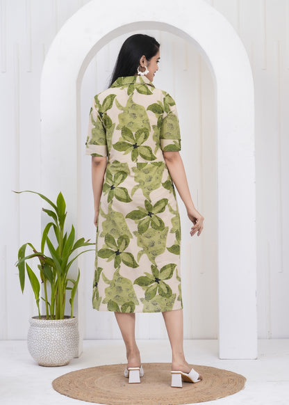 Leafy Green Printed A-Line Midi Dress