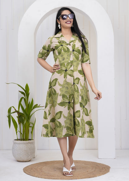 Leafy Green Printed A-Line Midi Dress