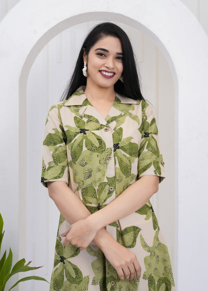 Leafy Green Printed A-Line Midi Dress