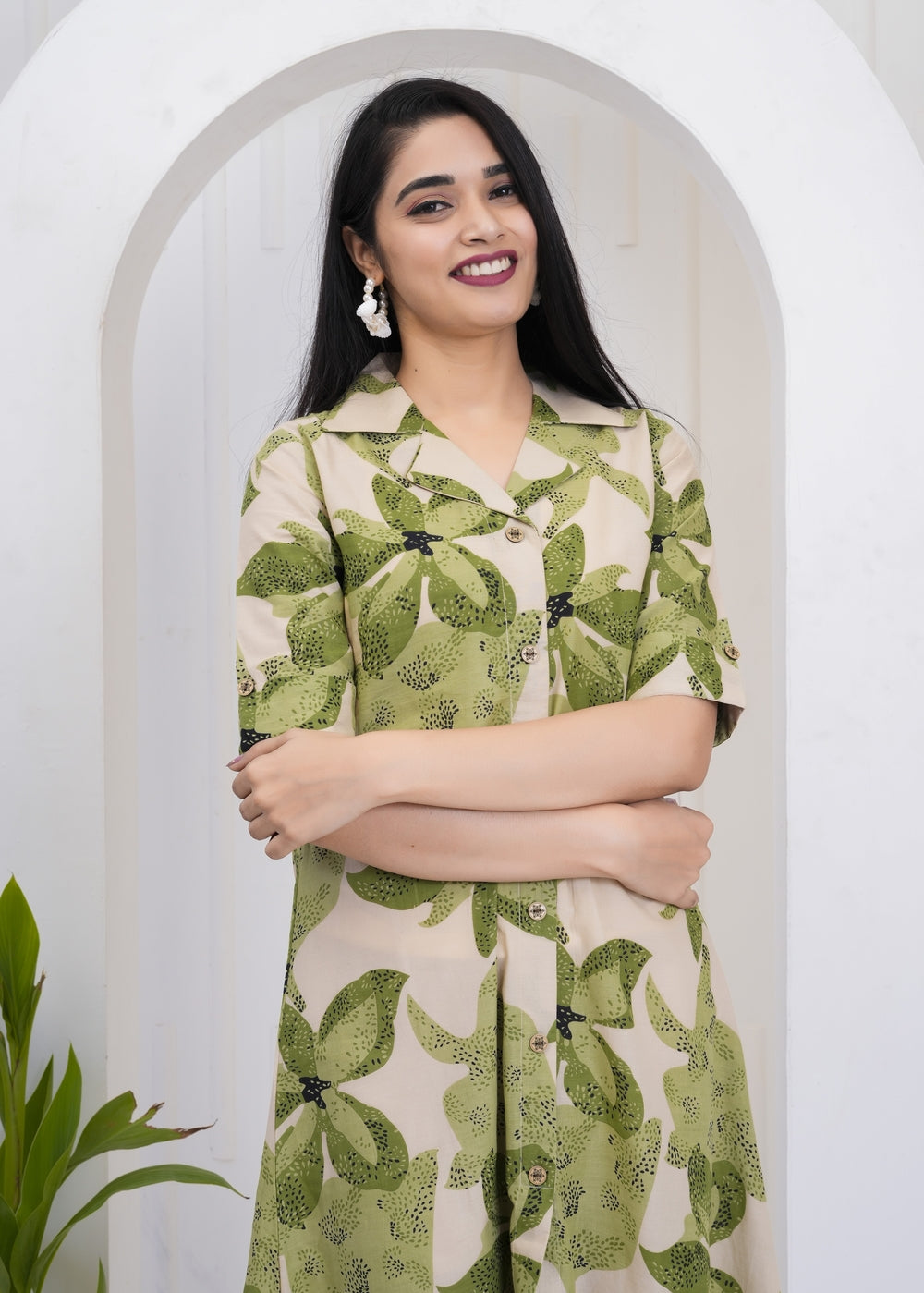 Leafy Green Printed A-Line Midi Dress