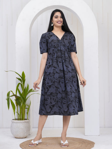 Midnight Botanical Print V-Neck Sundress