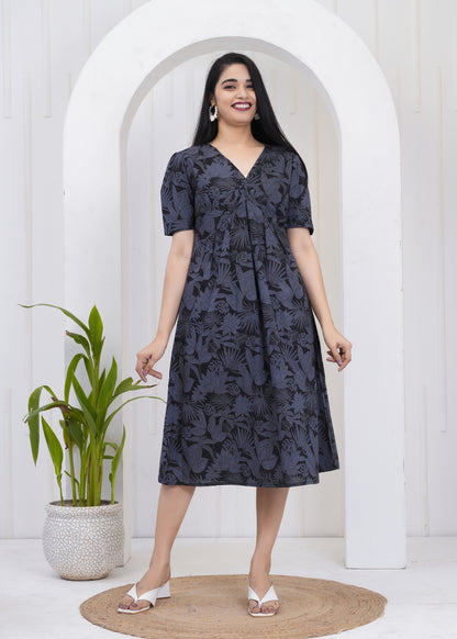 Midnight Botanical Print V-Neck Sundress