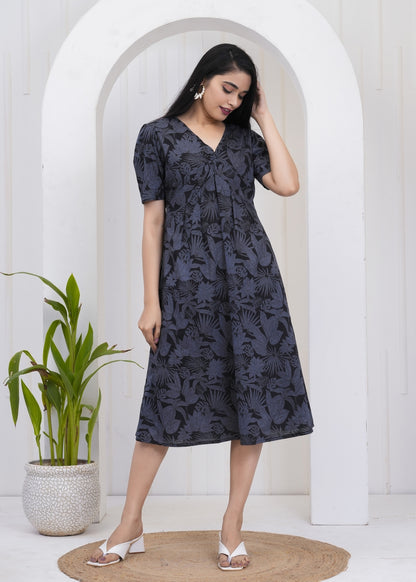 Midnight Botanical Print V-Neck Sundress