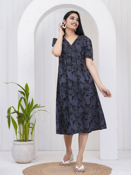 Midnight Botanical Print V-Neck Sundress