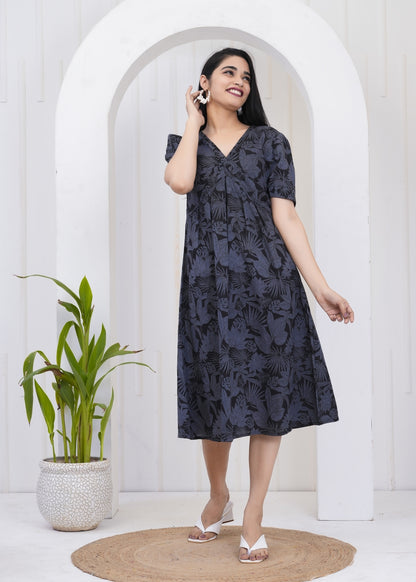 Midnight Botanical Print V-Neck Sundress