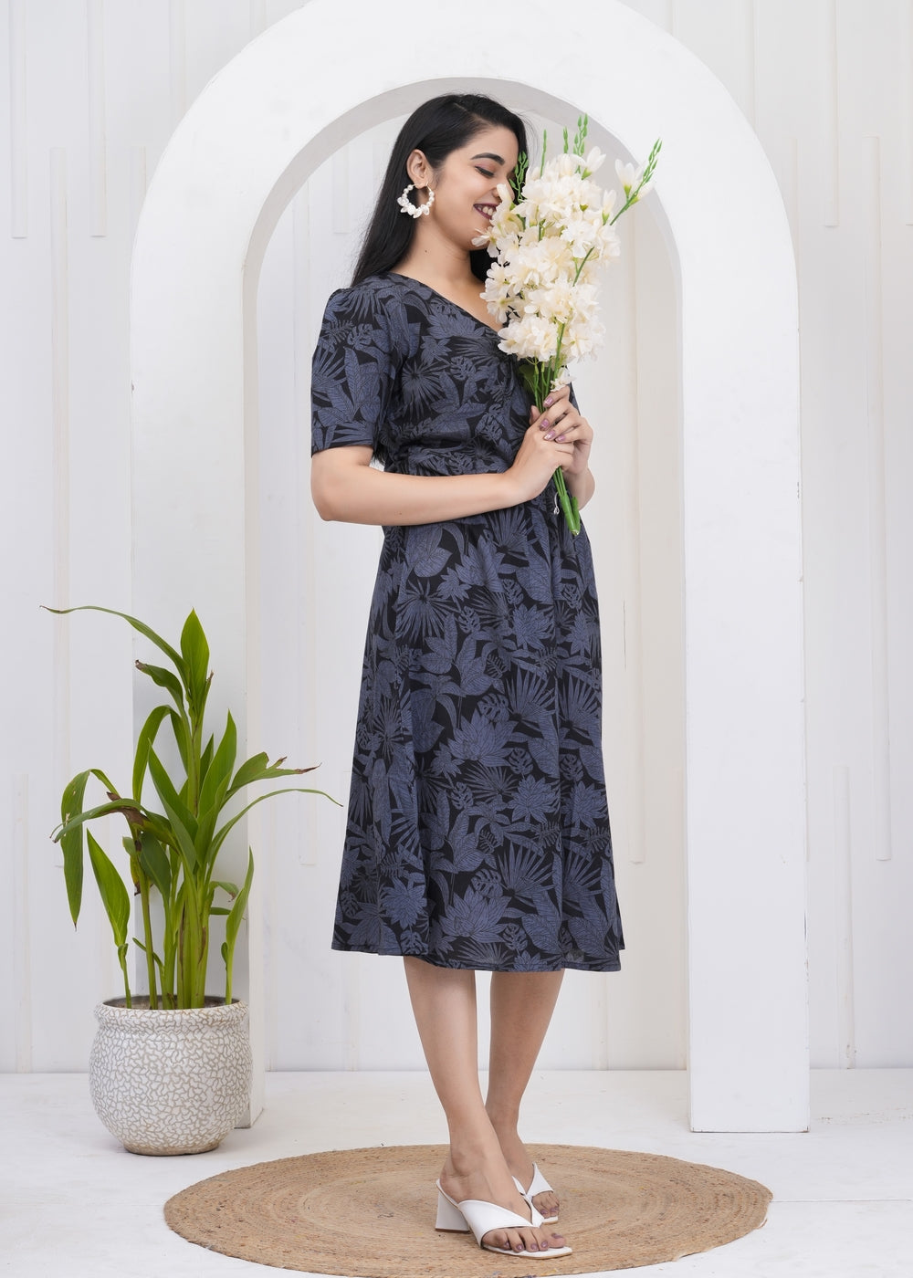 Midnight Botanical Print V-Neck Sundress