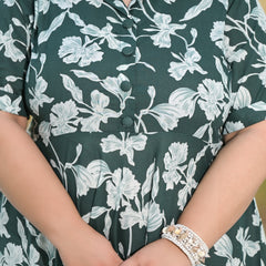 Dark Green Cotton Printed Calf-Length Dress (Plus Size)