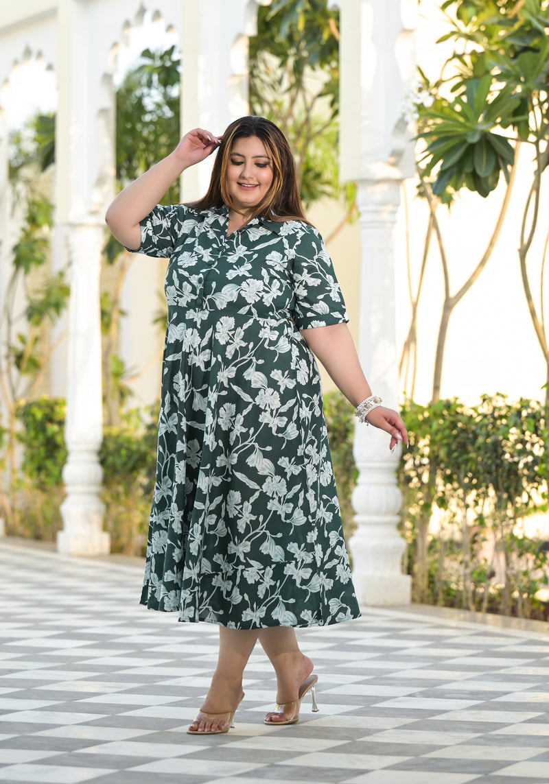 Dark Green Cotton Printed Calf-Length Dress (Plus Size)
