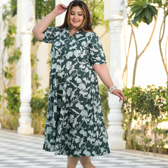 Dark Green Cotton Printed Calf-Length Dress (Plus Size)