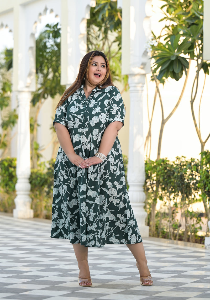 Dark Green Cotton Printed Calf-Length Dress (Plus Size)