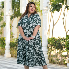 Dark Green Cotton Printed Calf-Length Dress (Plus Size)
