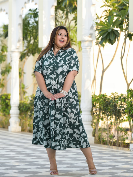 Dark Green Cotton Printed Calf-Length Dress (Plus Size)