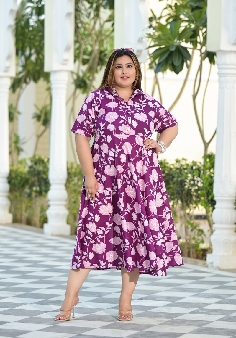 Purple Cotton Printed Calf-Length Dress (Plus Size)