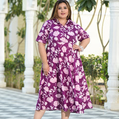Purple Cotton Printed Calf-Length Dress (Plus Size)