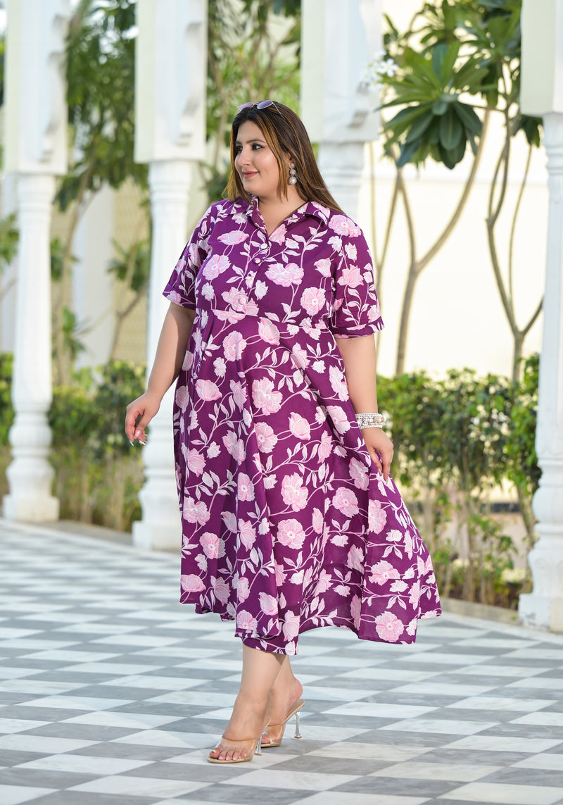 Purple Cotton Printed Calf-Length Dress (Plus Size)