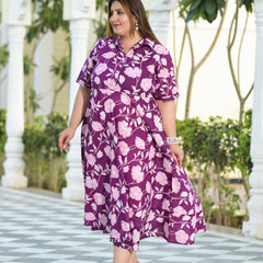 Purple Cotton Printed Calf-Length Dress (Plus Size)