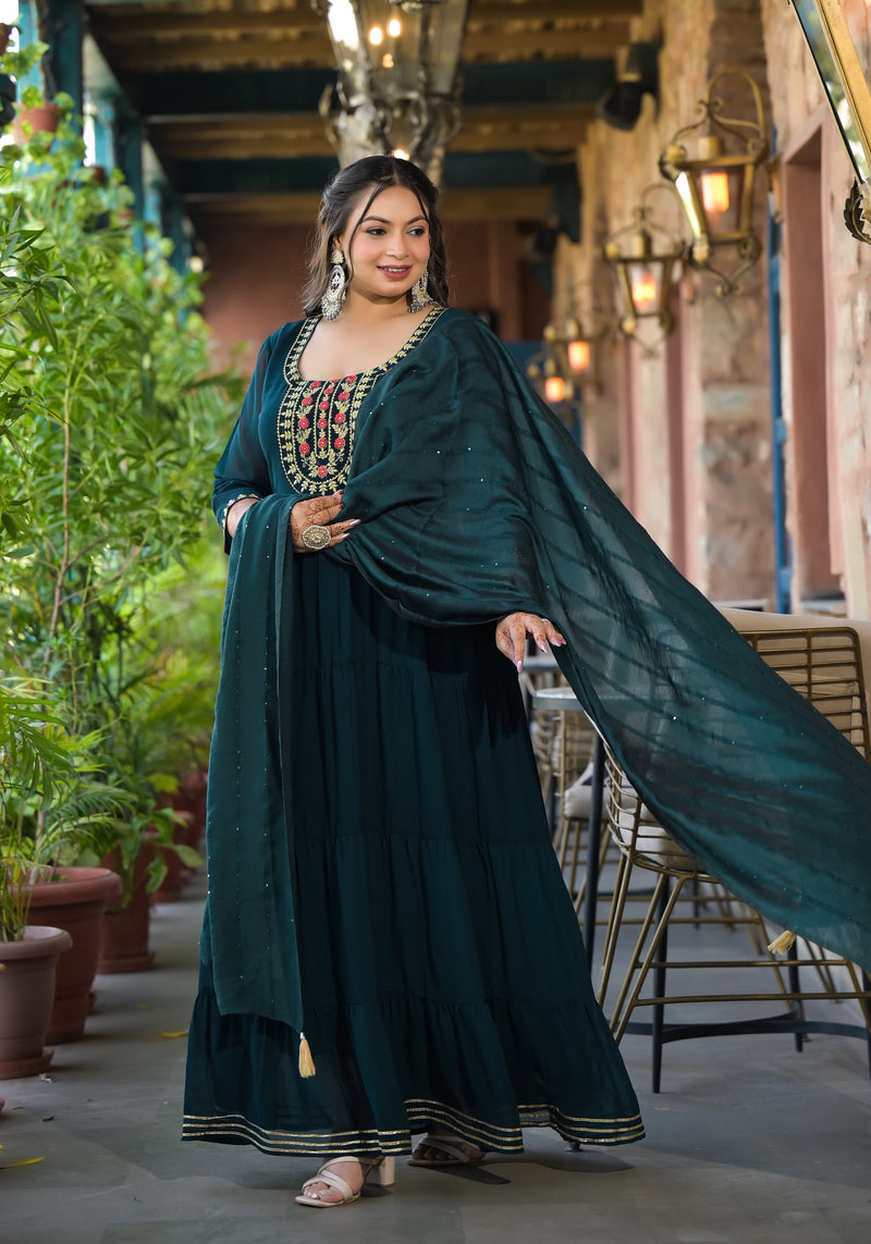 Dark Green Georgette Embroidered Anarkali with Dupatta Set (Plus Size)