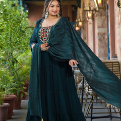 Dark Green Georgette Embroidered Anarkali with Dupatta Set (Plus Size)