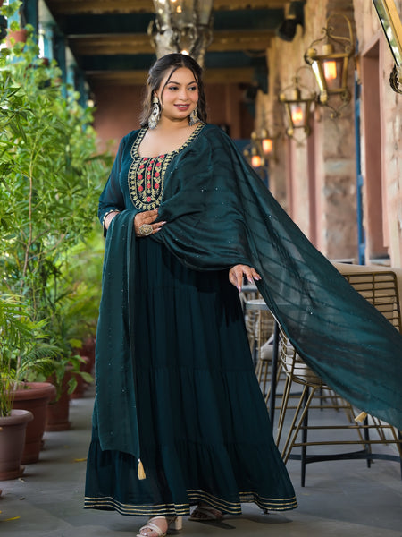Dark Green Georgette Embroidered Anarkali with Dupatta Set (Plus Size)