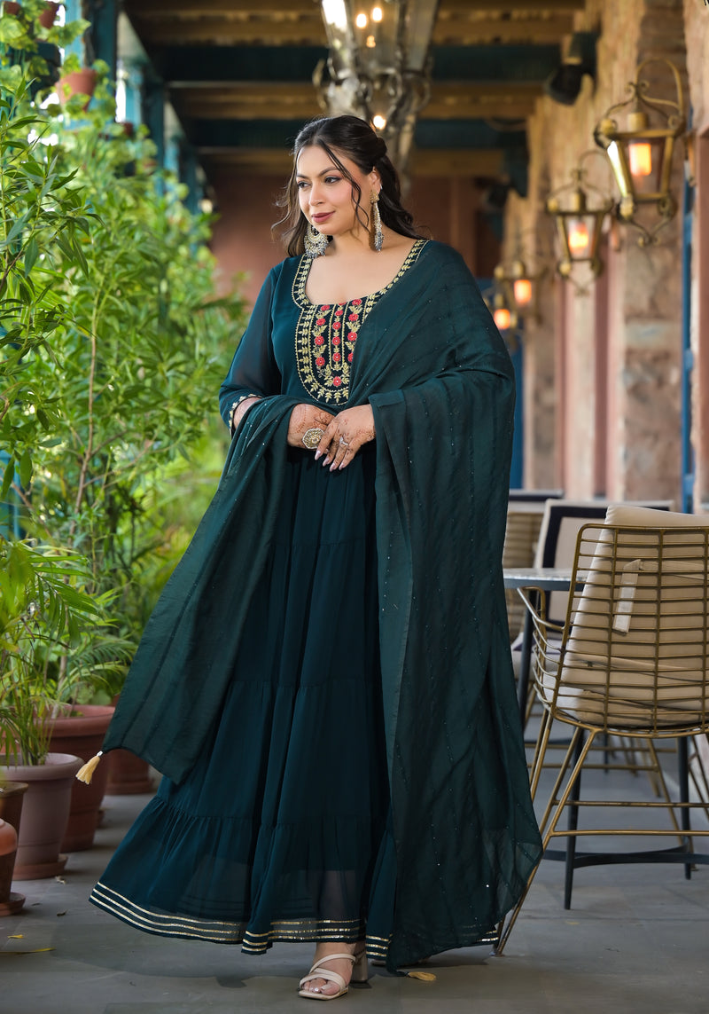 Dark Green Georgette Embroidered Anarkali with Dupatta Set (Plus Size)