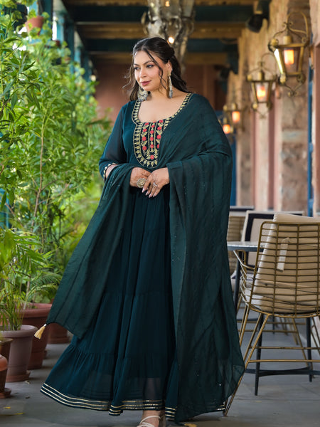 Dark Green Georgette Embroidered Anarkali with Dupatta Set (Plus Size)
