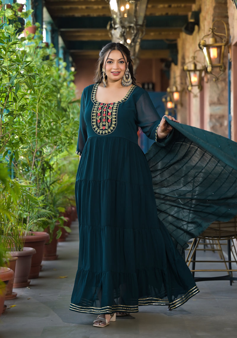 Dark Green Georgette Embroidered Anarkali with Dupatta Set (Plus Size)
