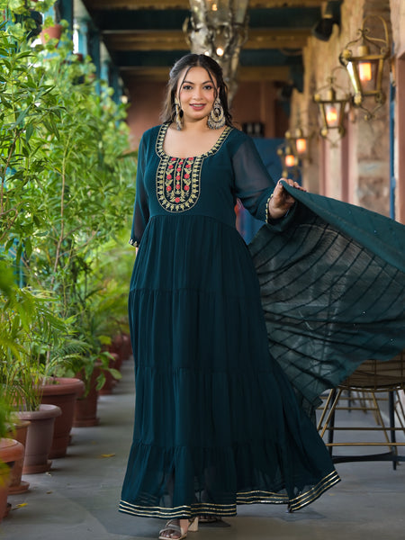 Dark Green Georgette Embroidered Anarkali with Dupatta Set (Plus Size)