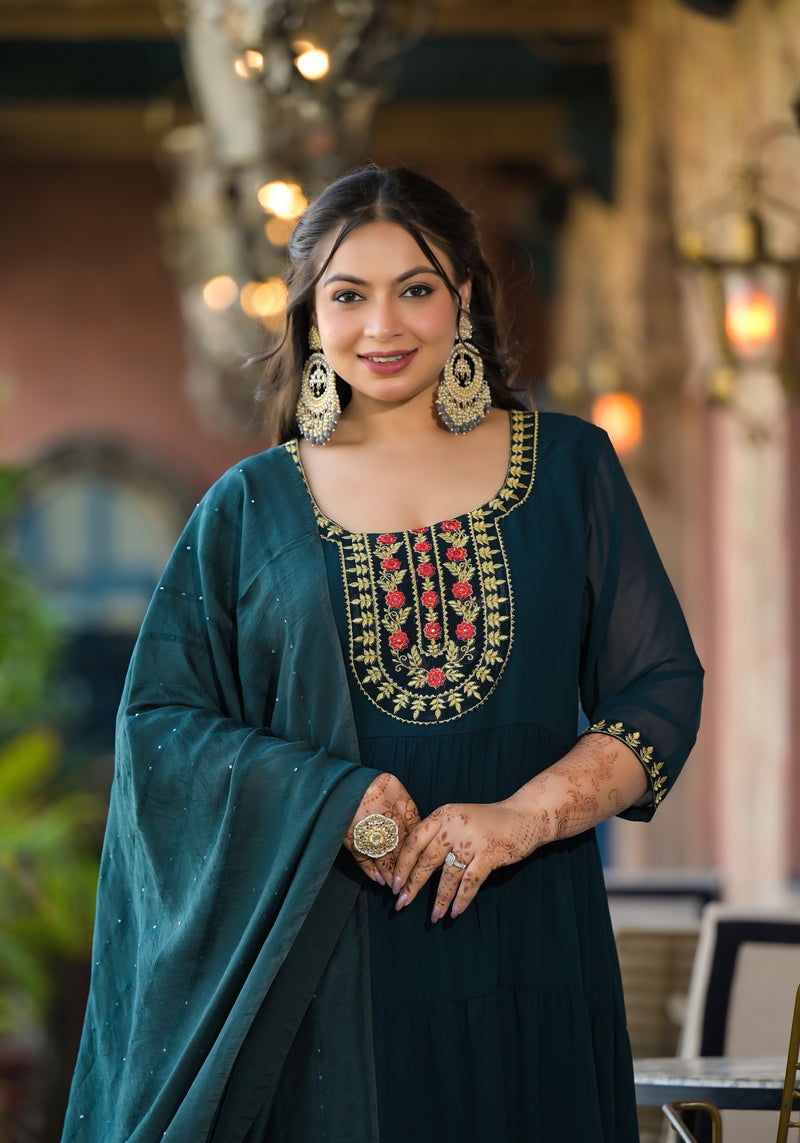 Dark Green Georgette Embroidered Anarkali with Dupatta Set (Plus Size)