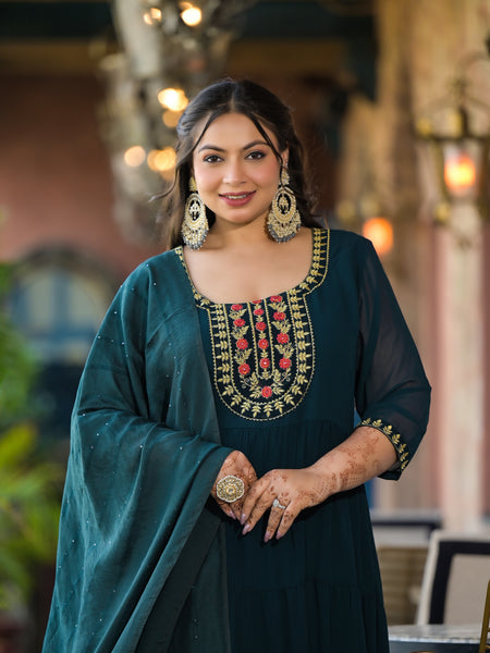 Dark Green Georgette Embroidered Anarkali with Dupatta Set (Plus Size)