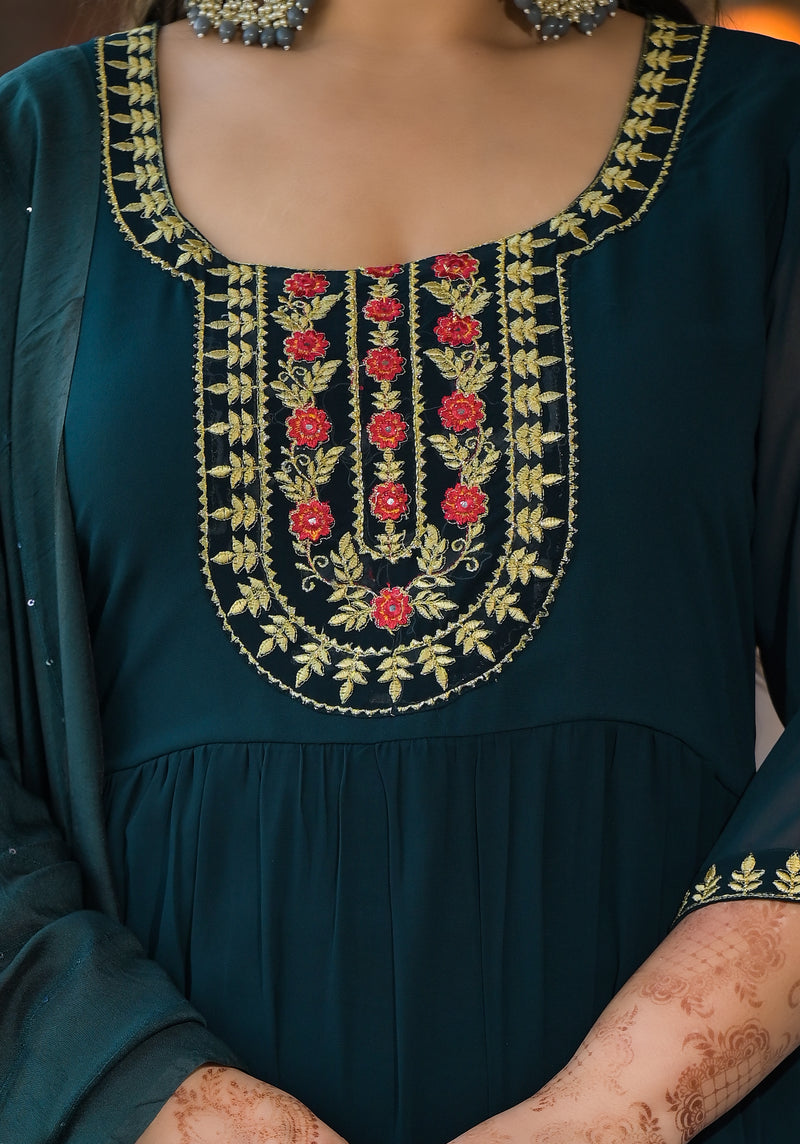 Dark Green Georgette Embroidered Anarkali with Dupatta Set (Plus Size)