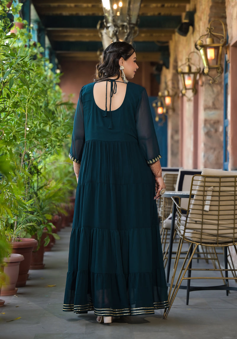 Dark Green Georgette Embroidered Anarkali with Dupatta Set (Plus Size)