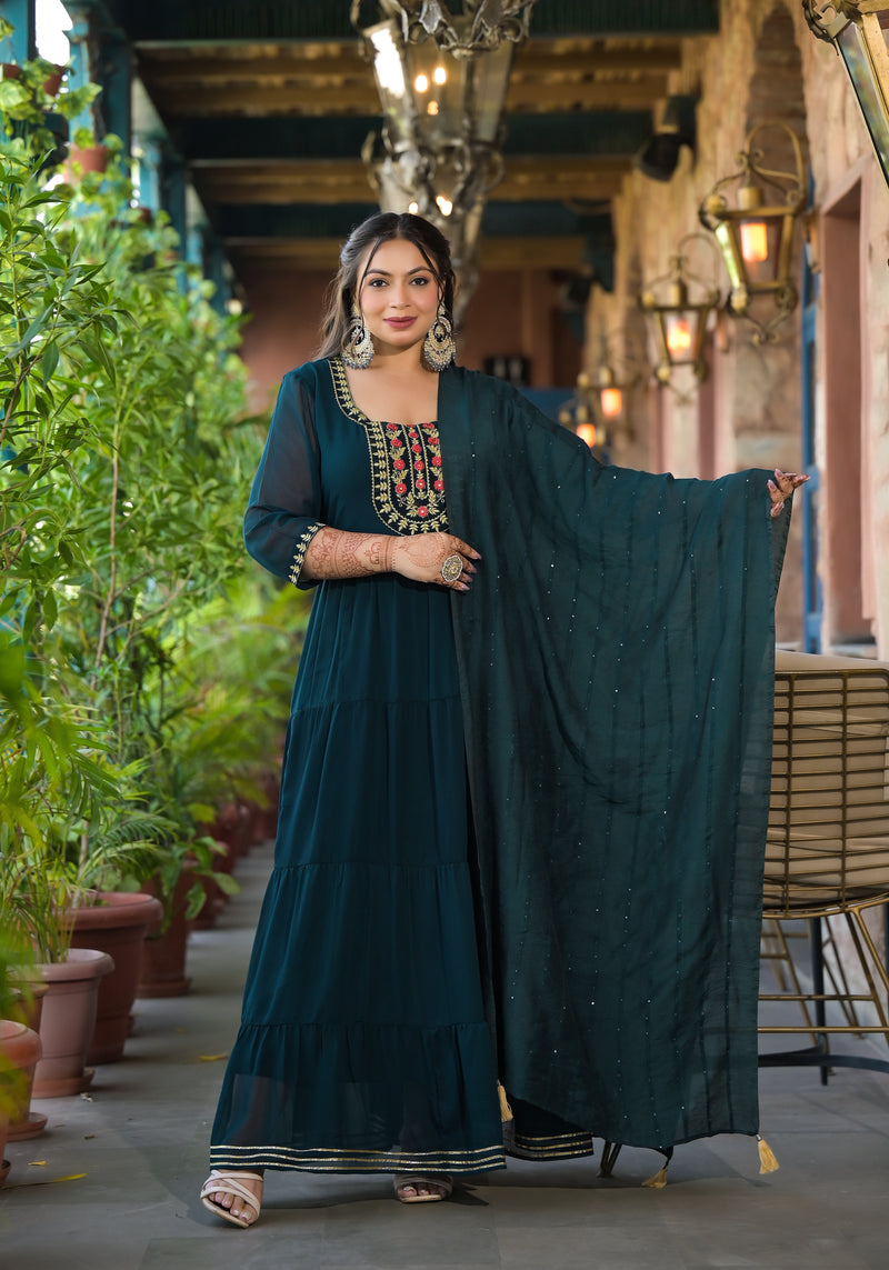 Dark Green Georgette Embroidered Anarkali with Dupatta Set (Plus Size)