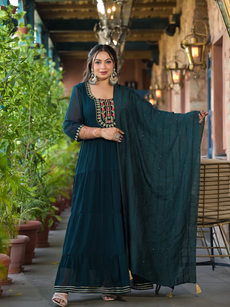 Dark Green Georgette Embroidered Anarkali with Dupatta Set (Plus Size)