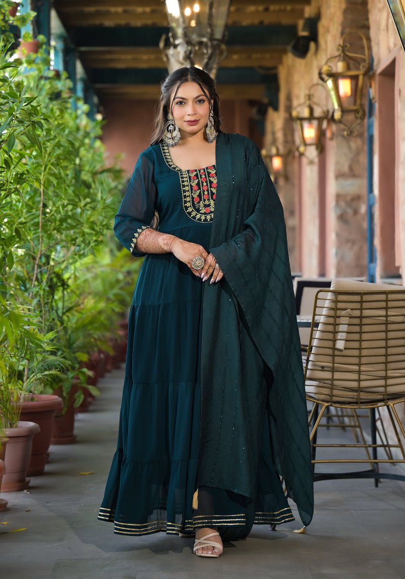 Dark Green Georgette Embroidered Anarkali with Dupatta Set (Plus Size)