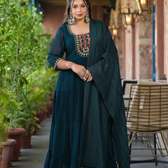 Dark Green Georgette Embroidered Anarkali with Dupatta Set (Plus Size)