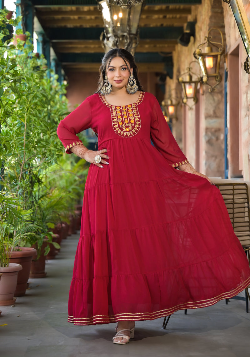 Red Georgette Embroidered Anarkali with Dupatta Set (Plus Size)