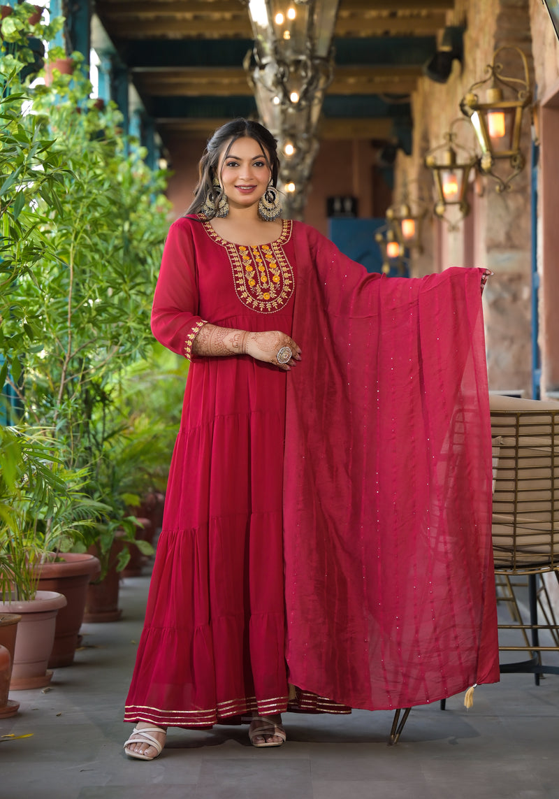 Red Georgette Embroidered Anarkali with Dupatta Set (Plus Size)