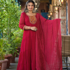 Red Georgette Embroidered Anarkali with Dupatta Set (Plus Size)
