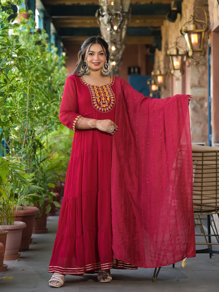 Red Georgette Embroidered Anarkali with Dupatta Set (Plus Size)