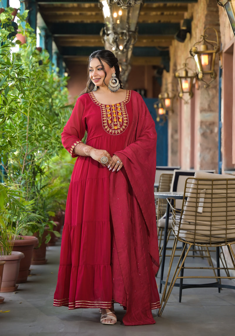 Red Georgette Embroidered Anarkali with Dupatta Set (Plus Size)