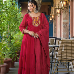 Red Georgette Embroidered Anarkali with Dupatta Set (Plus Size)