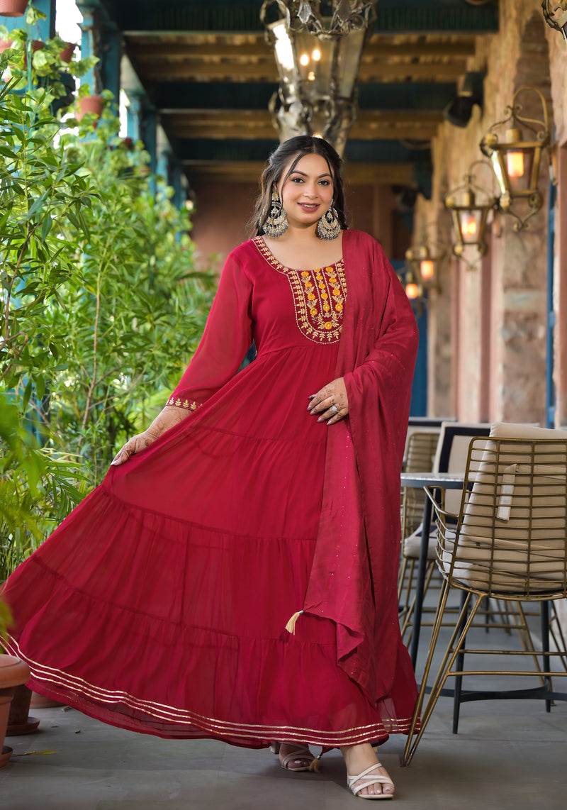 Red Georgette Embroidered Anarkali with Dupatta Set (Plus Size)
