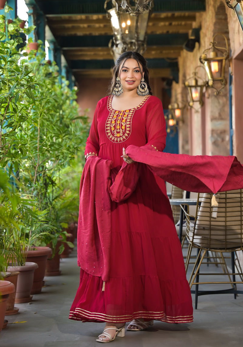 Red Georgette Embroidered Anarkali with Dupatta Set (Plus Size)