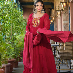 Red Georgette Embroidered Anarkali with Dupatta Set (Plus Size)
