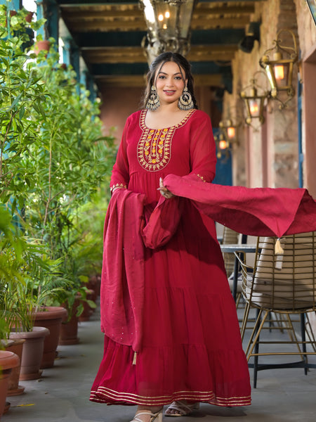 Red Georgette Embroidered Anarkali with Dupatta Set (Plus Size)